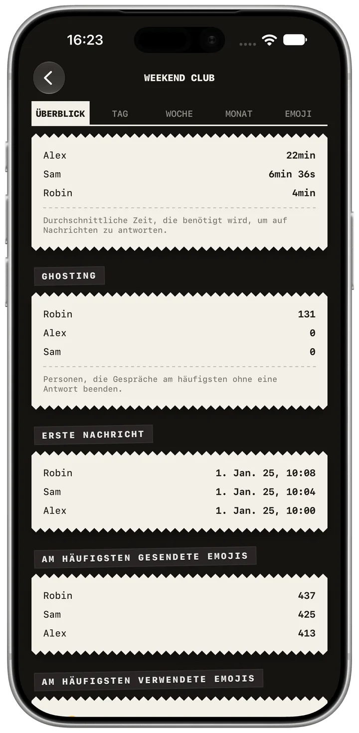 Gesprächsenden. App-Aufnahme auf Deutsch; einzelne Bedienelemente bleiben auf Englisch. Fiktive Beispieldaten. Originaldarstellung der App.