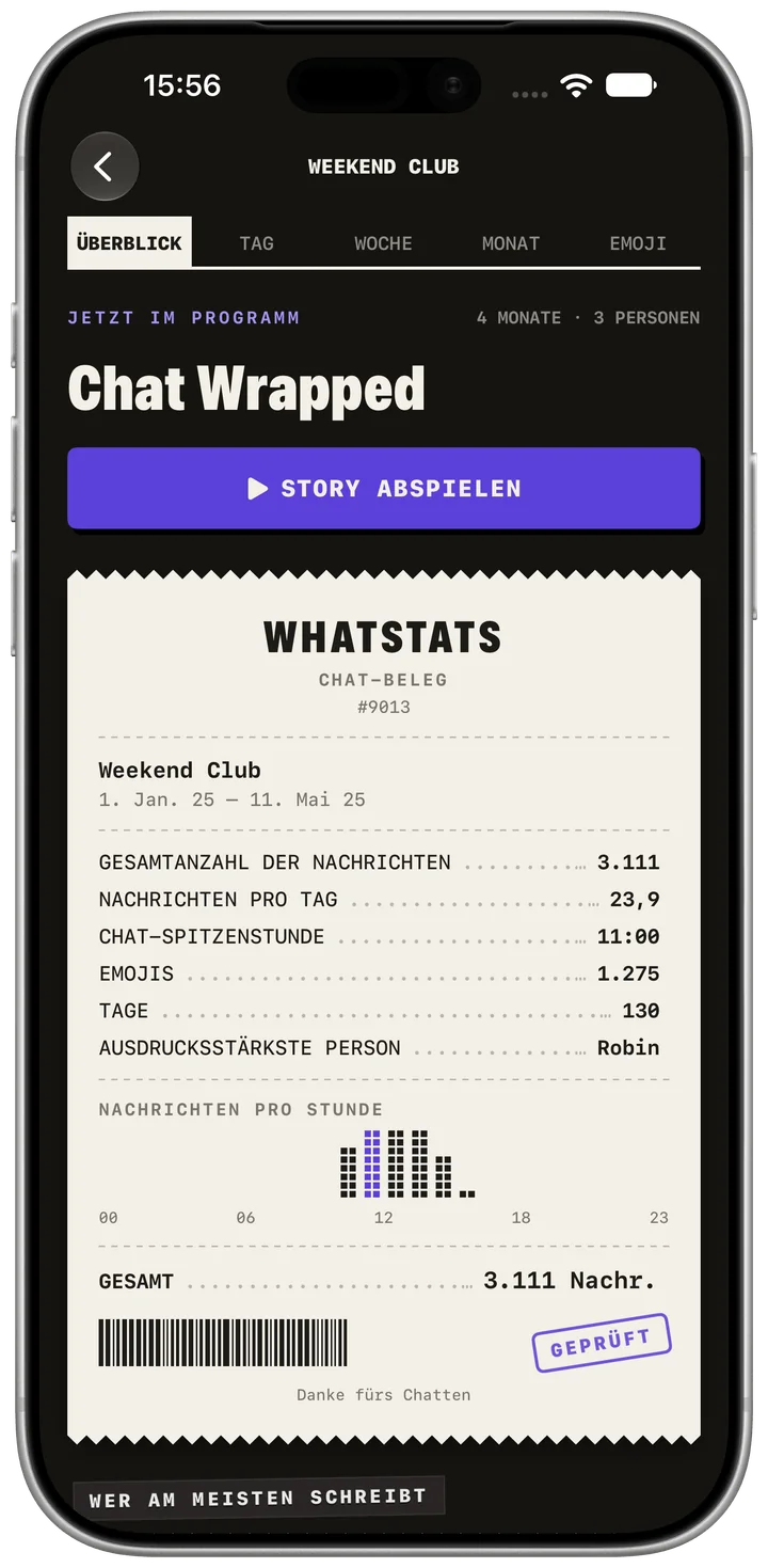 Chat-Übersicht. App-Aufnahme auf Deutsch; einzelne Bedienelemente bleiben auf Englisch. Fiktive Beispieldaten. Originaldarstellung der App.