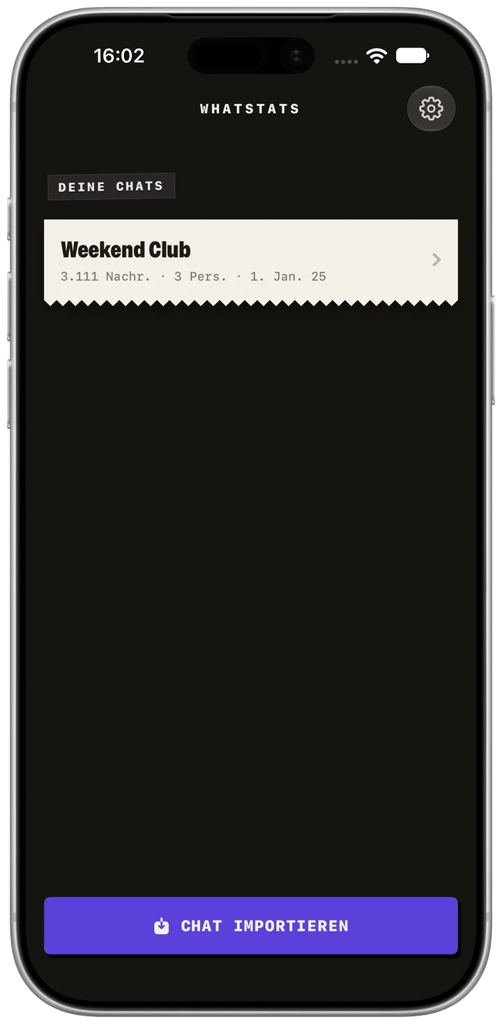 Gespeicherte Chat-Analysen. App-Aufnahme auf Deutsch; einzelne Bedienelemente bleiben auf Englisch. Fiktive Beispieldaten. Originaldarstellung der App.