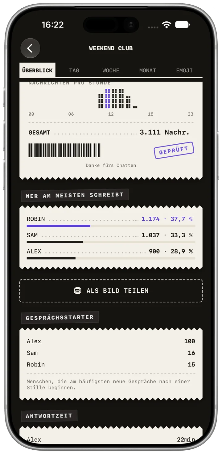 Gesprächsanfänge. App-Aufnahme auf Deutsch; einzelne Bedienelemente bleiben auf Englisch. Fiktive Beispieldaten. Originaldarstellung der App.