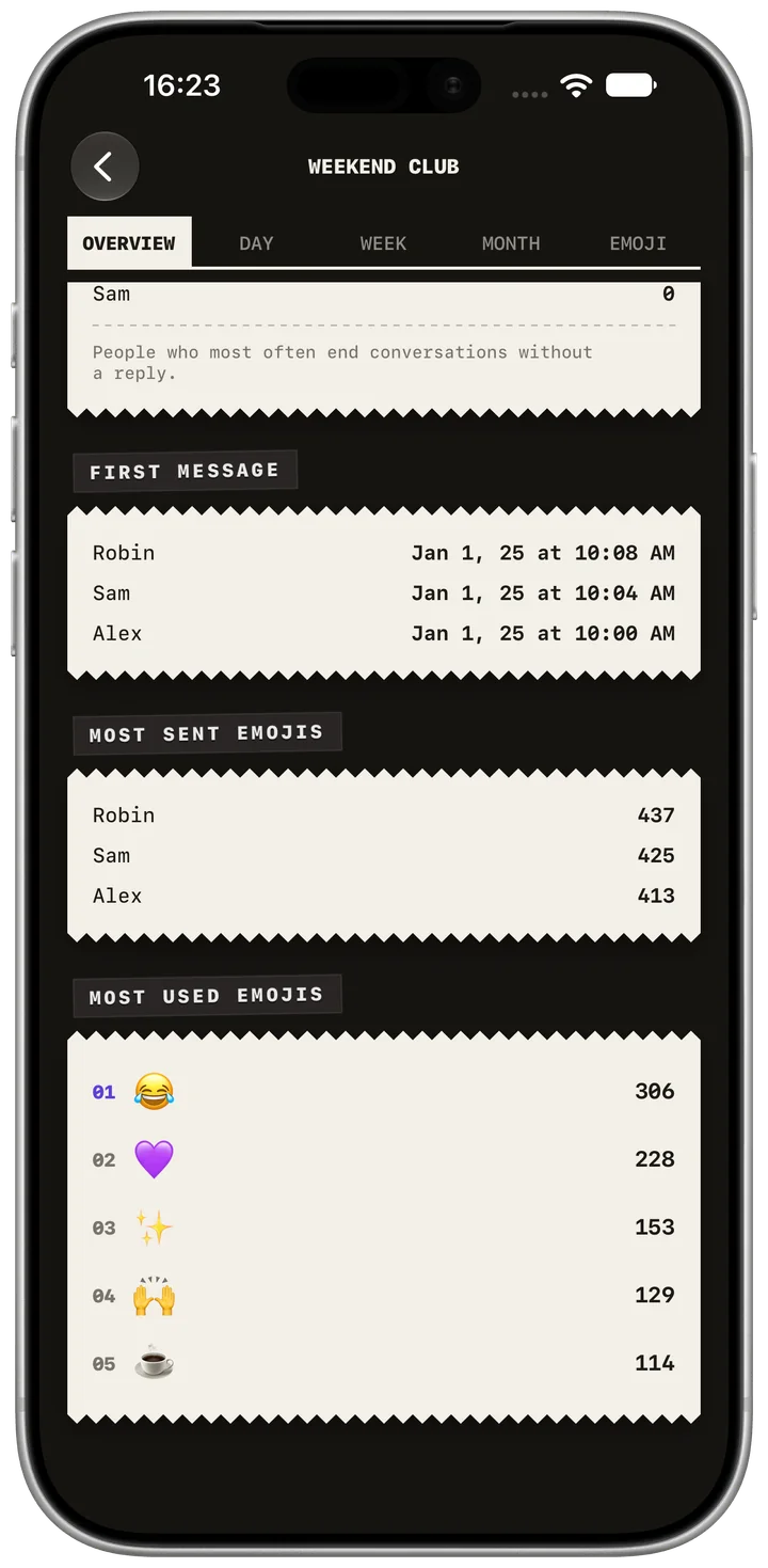 First messages. App screenshot in English. Fictional example data. Native app appearance.