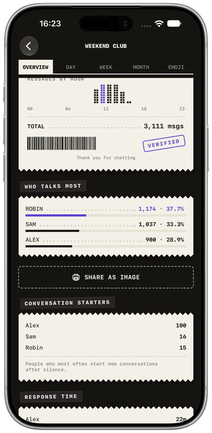 Conversation starters. App screenshot in English. Fictional example data. Native app appearance.